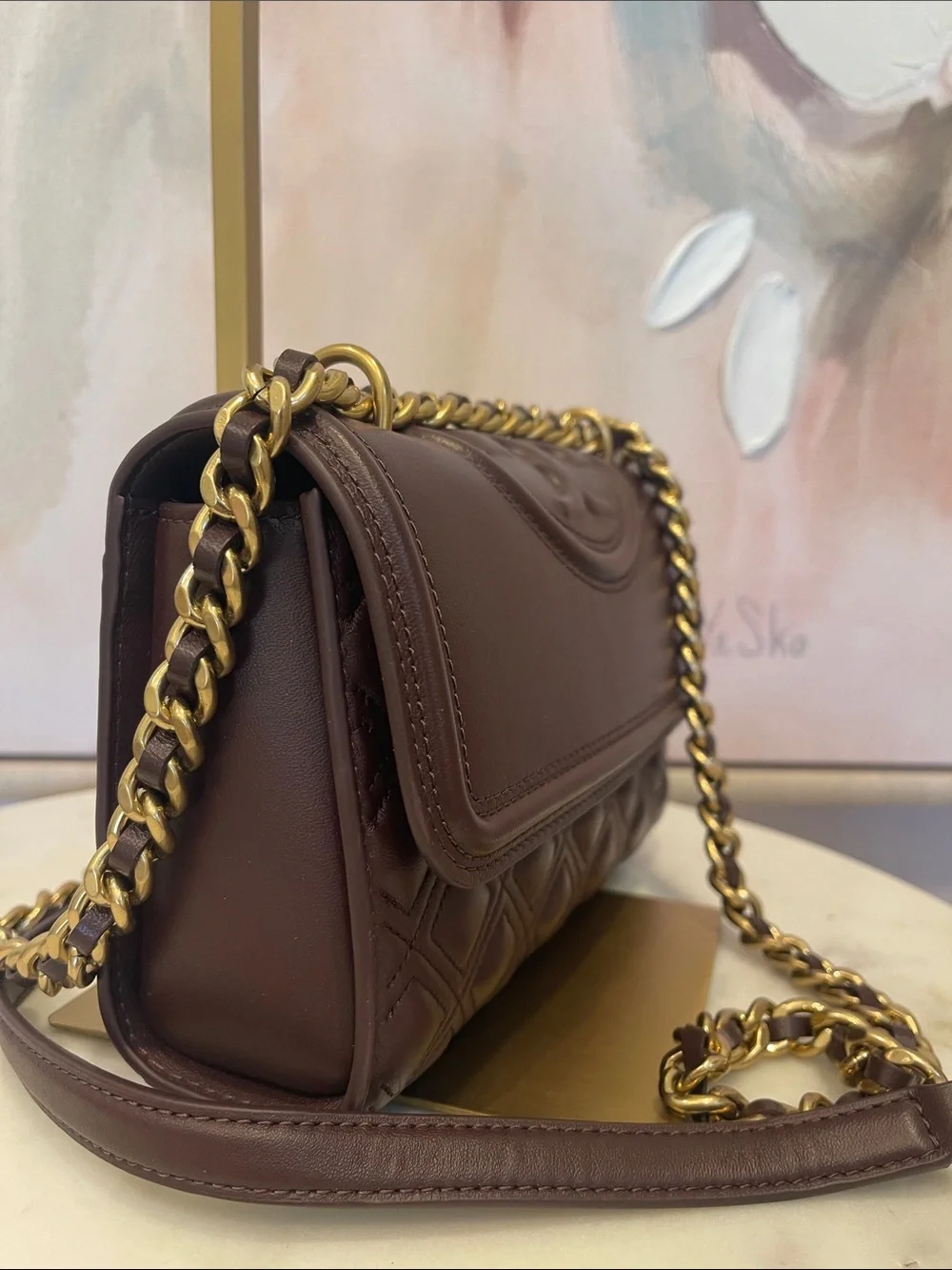 NWOT Tory Burch Quilted Fleming Shoulder Bag in Deep Wine Color with Gold Chain